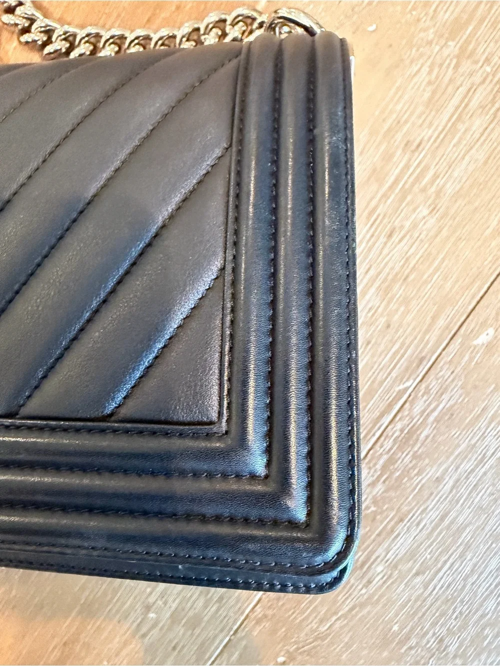 CHANEL Black Chevron Quilted Le Boy Bag with rare Silver-Tone Hardware